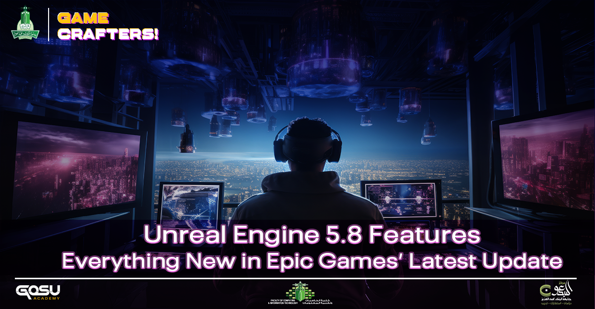Unreal Engine 5.8 features for creating realistic environments with Mesh Terrain and advanced rendering tools.